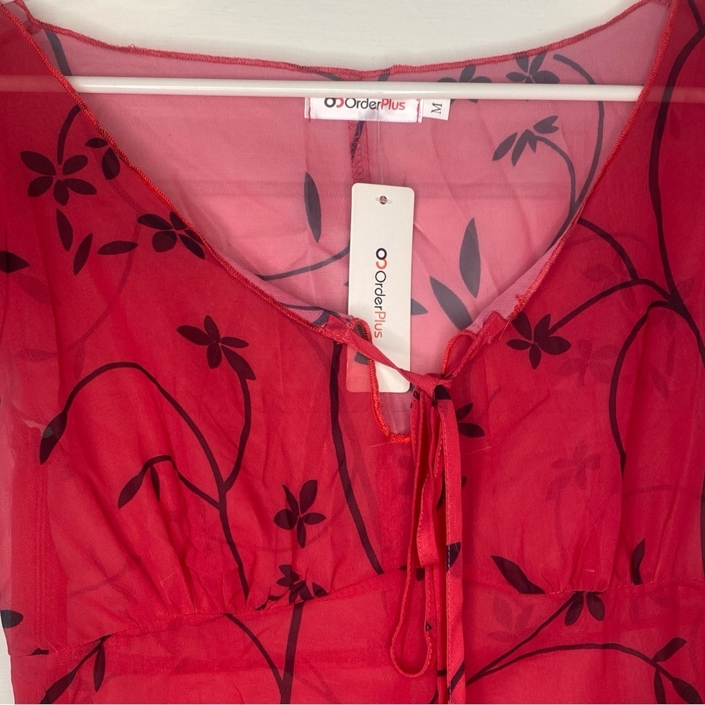 ORDER PLUS NWT Sheer Floral Bow Tie Red Women's Dress Size Medium - Picture 2 of 5